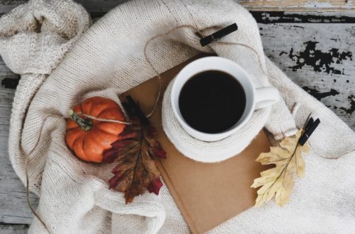 Flat Lay picture of coffee, leaves, and a pumpkin used as a featured image for post about Bible verses about gratitude