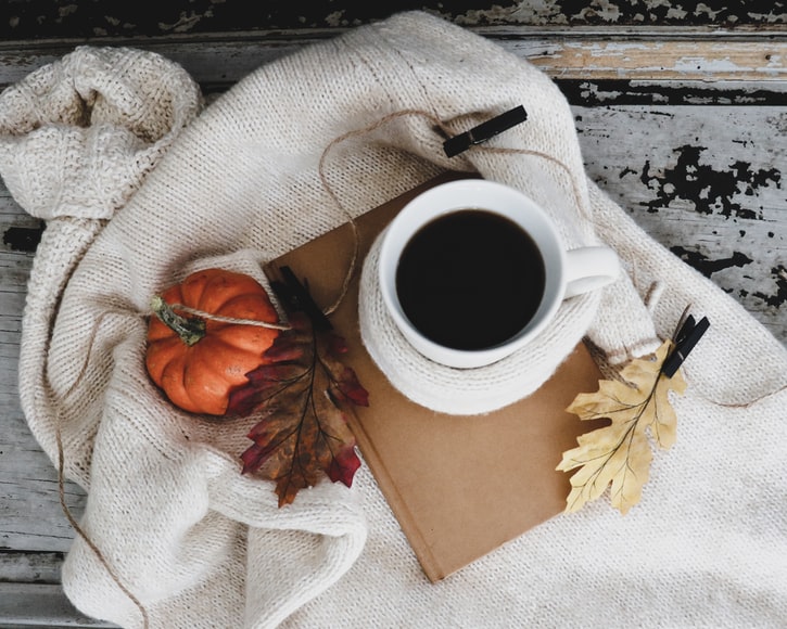 Flat Lay picture of coffee, leaves, and a pumpkin used as a featured image for post about Bible verses about gratitude