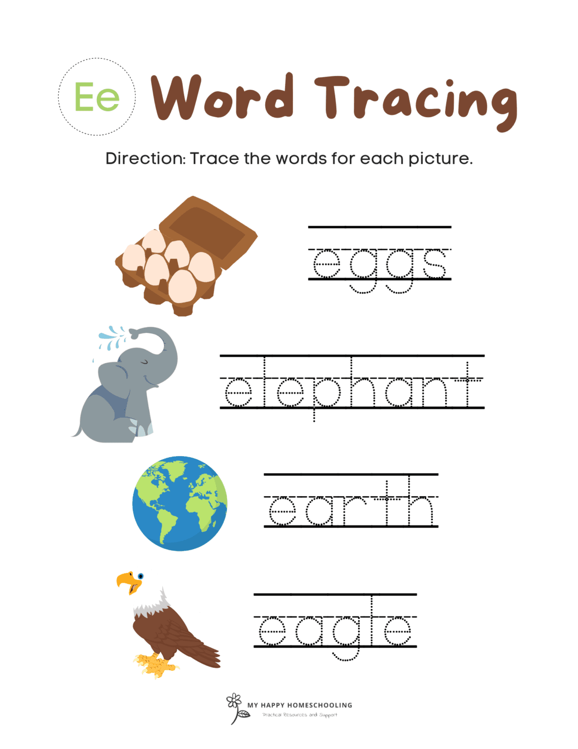 FREE Letter E Tracing Worksheet Printables