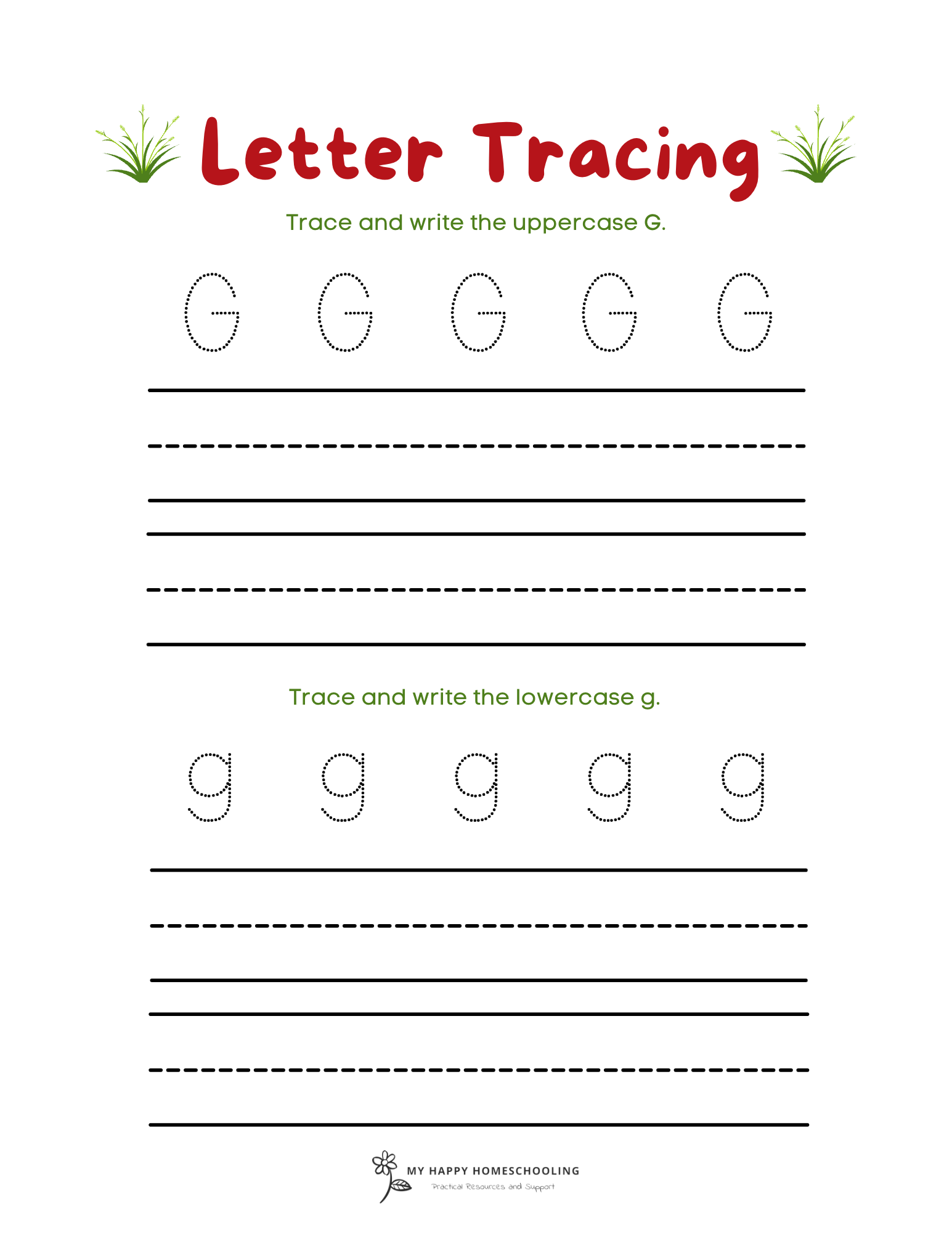 FREE Letter G Tracing Worksheet Printables