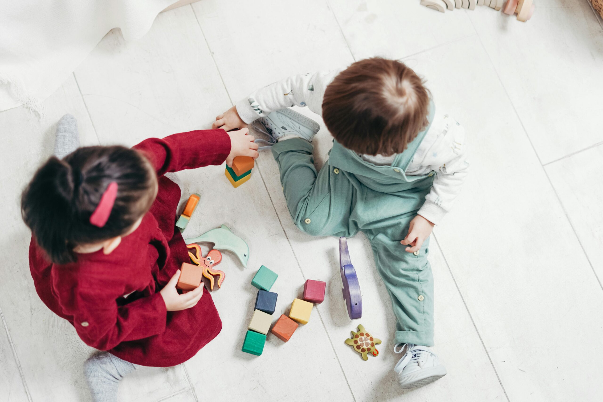 A little boy and a little girl playing with toys on the floor